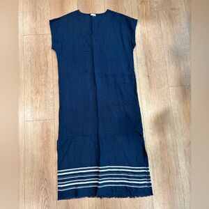 Ecru 100% Linen Navy Blue Midi Dress Women’s Size M V Neck Striped Hem Coastal
